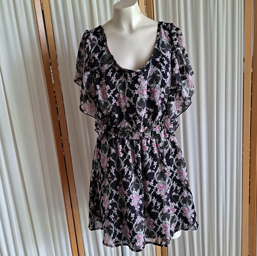 Jojo Belle black floral dress w/ polka dots, large